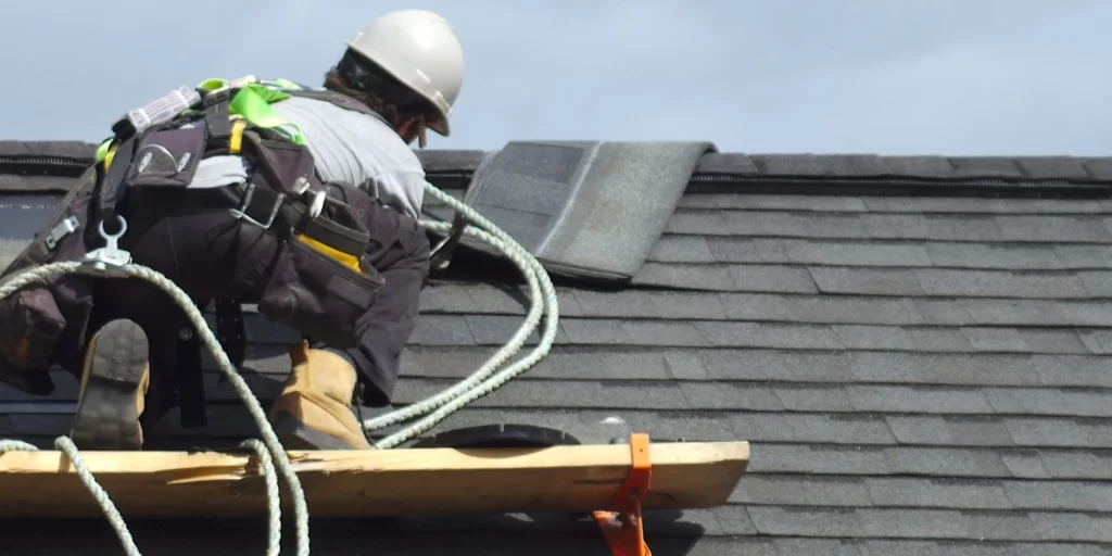 Roofer installing asphalt shingles on a residential roof during repair