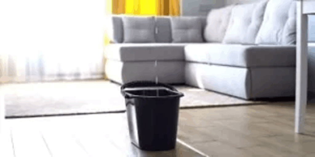Black bucket placed on wooden floor to catch water dripping from ceiling leak in modern living room