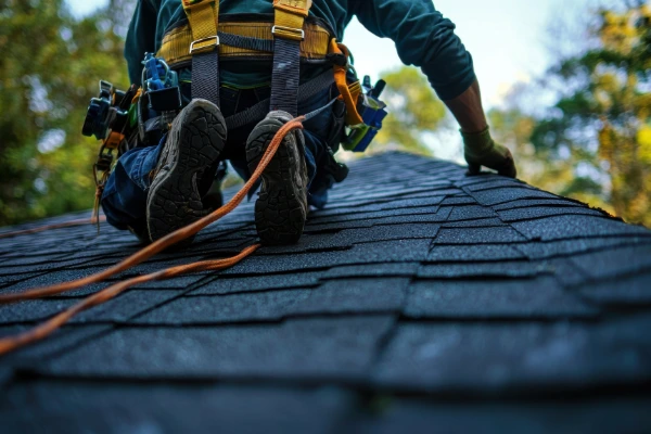 A professional roofing contractor wearing a safety harness works on a dark asphalt shingle roof installation in Kansas City.