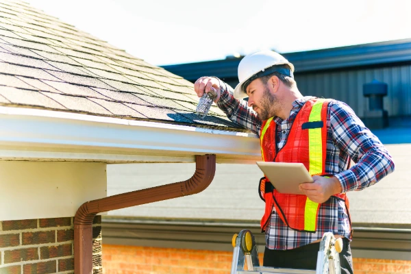 A certified roofing contractor inspects asphalt shingles and gutters on a brick home during a roof warranty inspection in Kansas City.