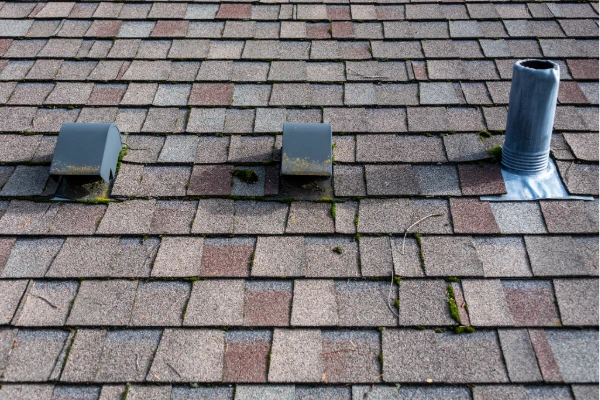 Worn asphalt shingles with deteriorating pipe boots and roof vents, common causes of roof leaks